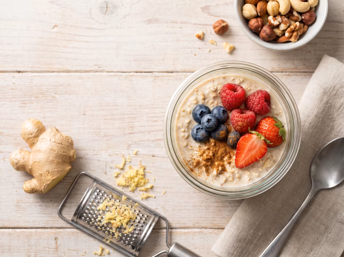 Ingwer-Overnight-Oats im Glas mit Beeren und Zimt, daneben frische Ingwerwurzel und Reibe