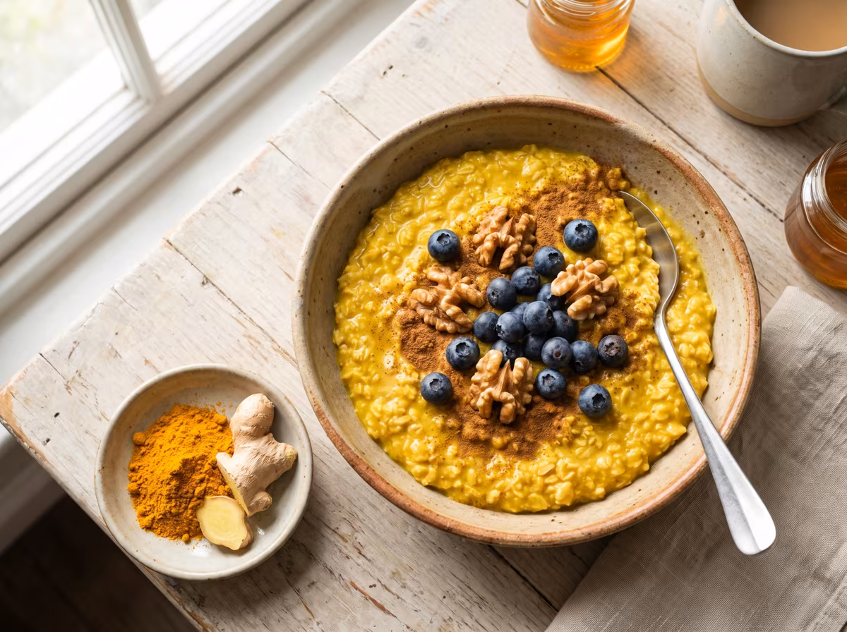 Kurkuma-Porridge in einer Schale mit Blaubeeren, Walnüssen und frischem Ingwer – antientzündliches Frühstück