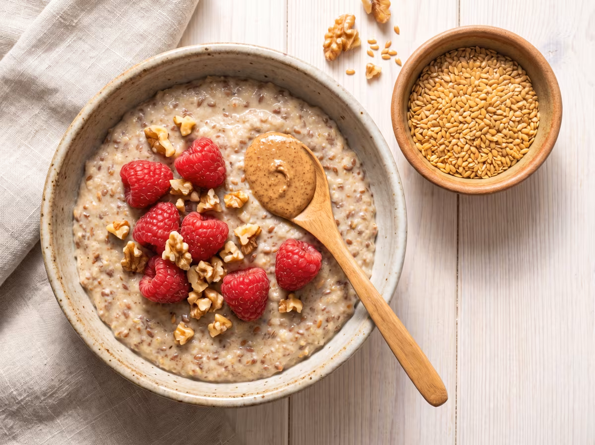 Warmes Leinsamen-Porridge mit Himbeeren, Walnüssen und Nussmus, daneben goldene Leinsamen