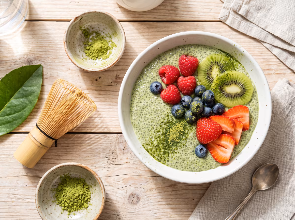 Matcha-Frühstücks-Bowl aus grünem Chia-Pudding mit Beeren, Kiwi und Matcha-Pulver