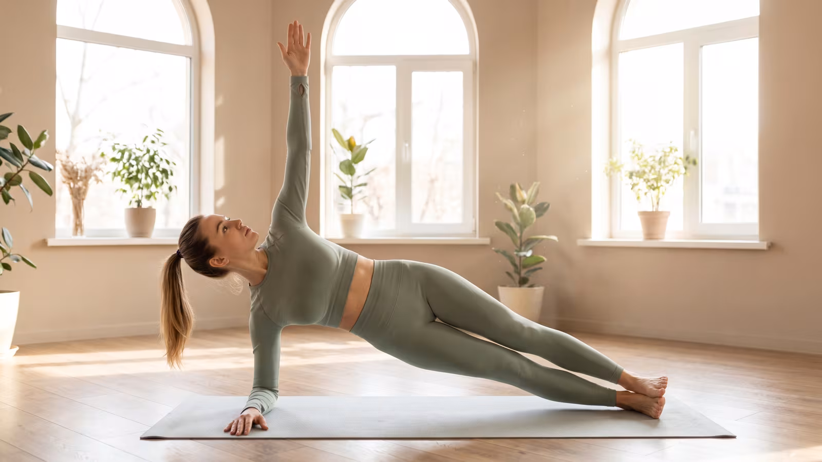 Frau führt die Übung Side Plank (Seitstütz) auf einer Pilatesmatte im hellen Studio aus