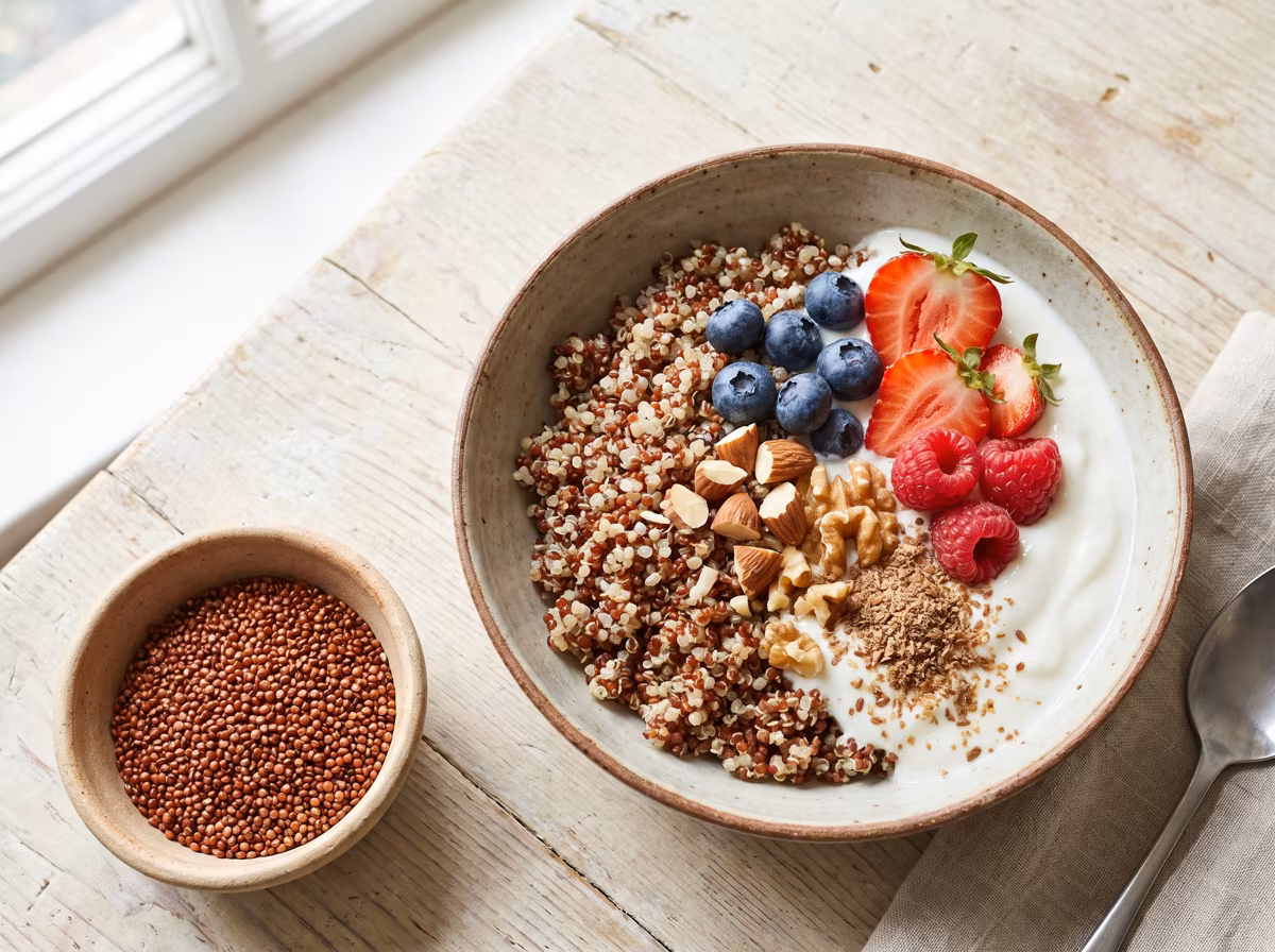 Quinoa-Frühstücksbowl mit roter und weißer Quinoa, Joghurt, Beeren und Nüssen