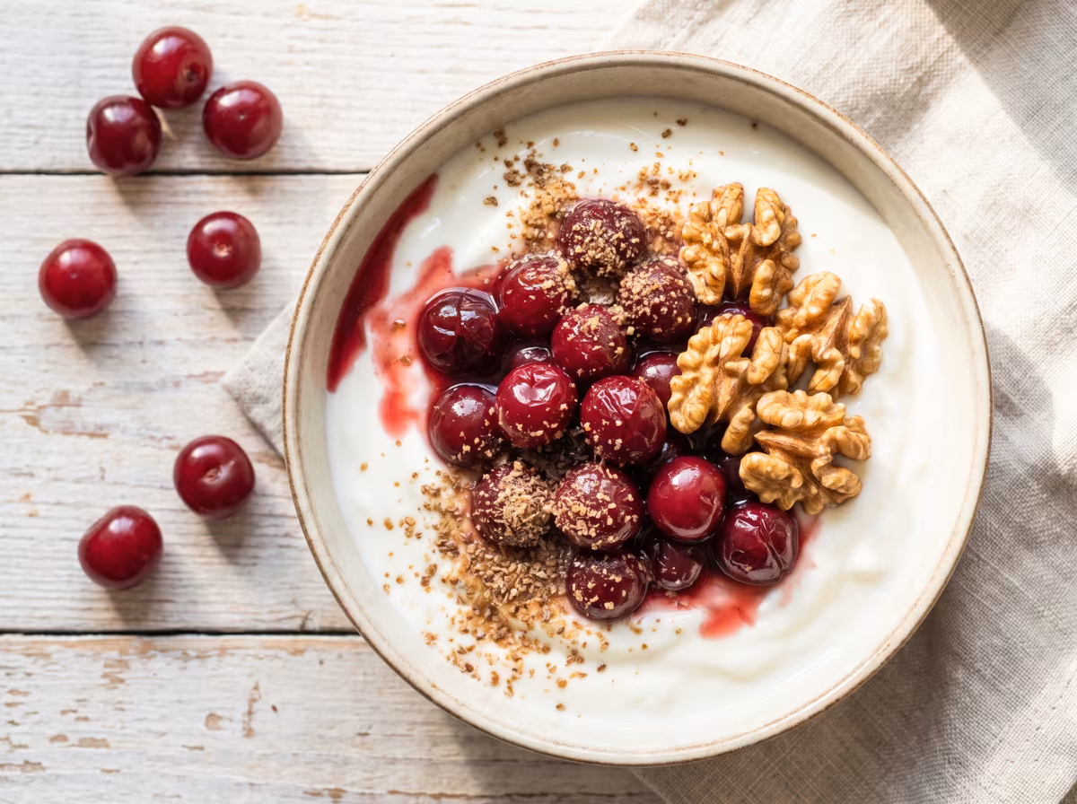 Sauerkirsch-Bowl mit Naturjoghurt, dunkelroten Sauerkirschen, Walnüssen und Leinsamen