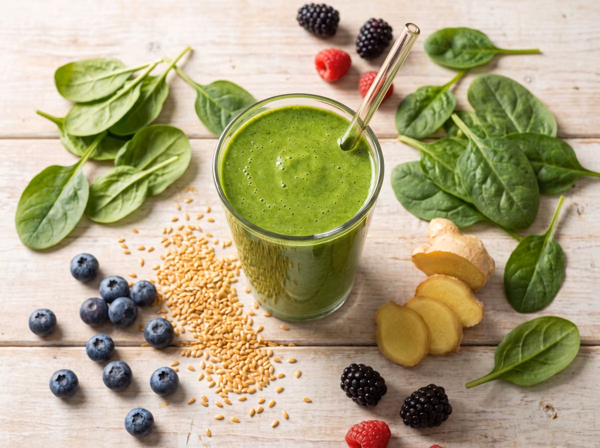 Grüner antientzündlicher Smoothie im Glas mit Spinat, Blaubeeren, Leinsamen und Ingwer