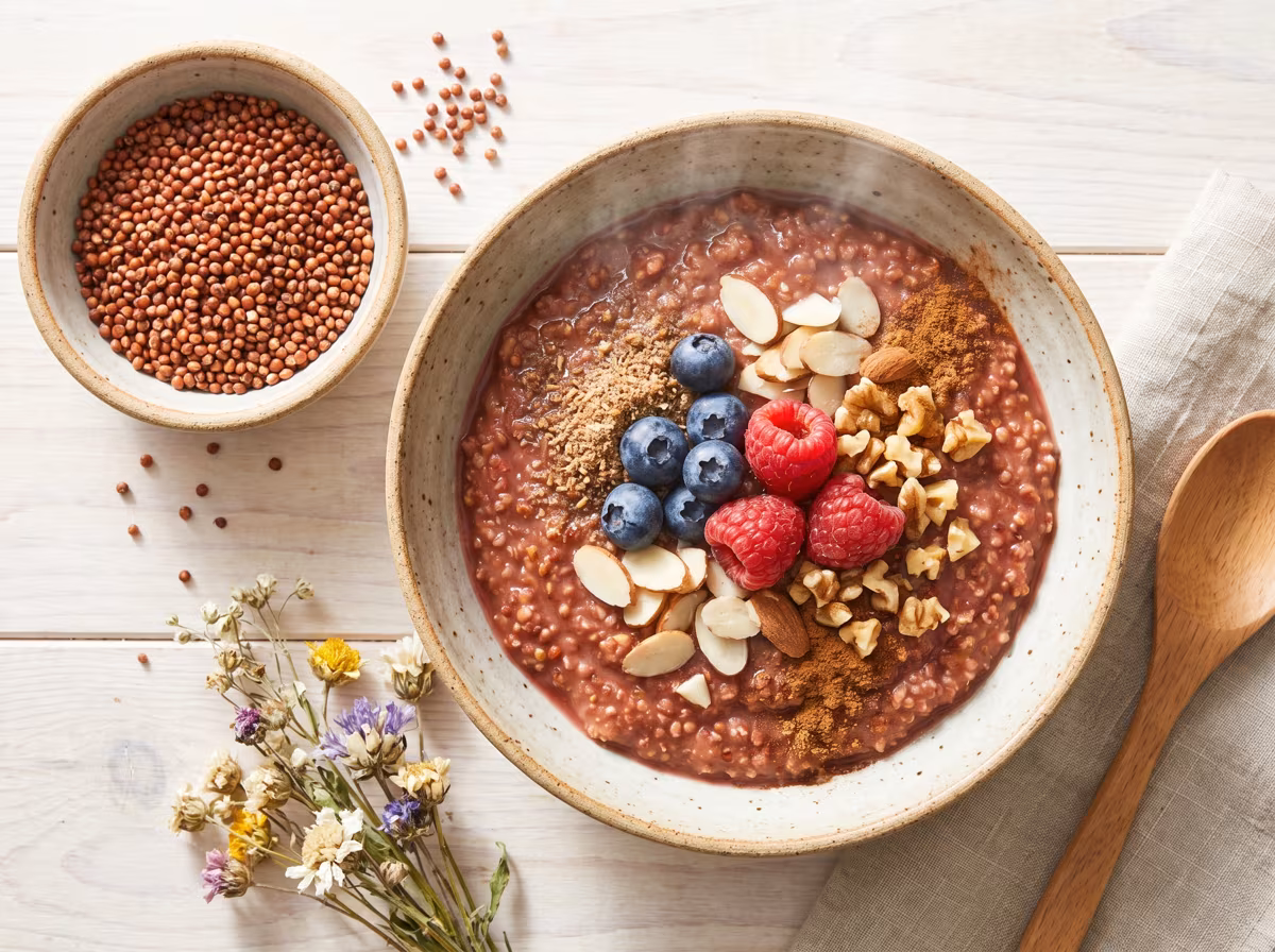 Sorghum-Porridge mit rötlichen Körnern, Beeren, Nüssen und Zimt, daneben rohe Sorghumkörner