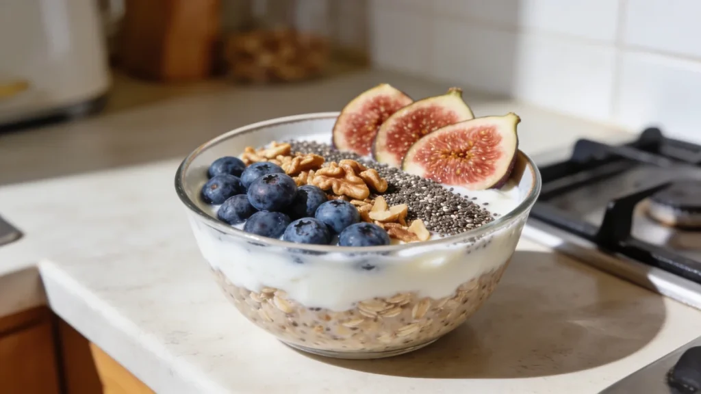 Kefir zum Frühstück mit Overnight Oats, Beeren und Chiasamen