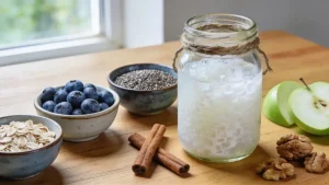 Kefir richtig kombinieren mit Haferflocken, Beeren, Chiasamen und Zimt